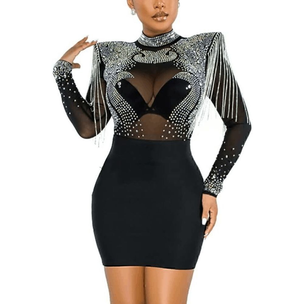 ✨💎 Sexy Rhinestone Embellished Mesh Nightclub Bodycon Party Sparkly Dress S NEW